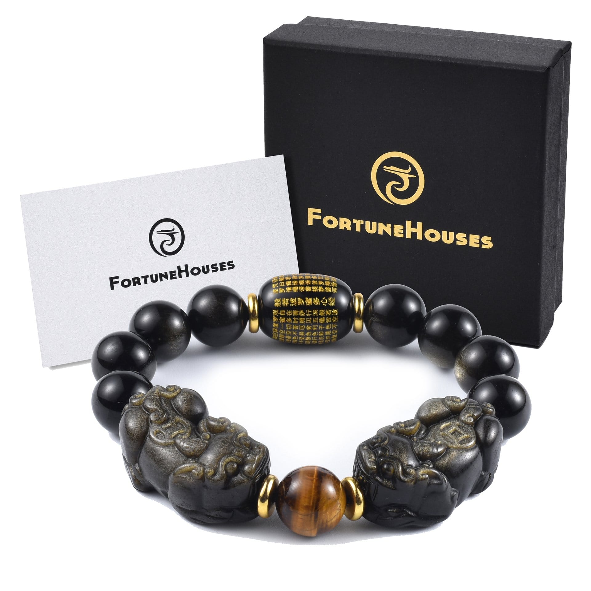 Fortunehouses Bracelet Feng Shui Natural Gold Obsidian Double Pi Yao Wealth Bracelet